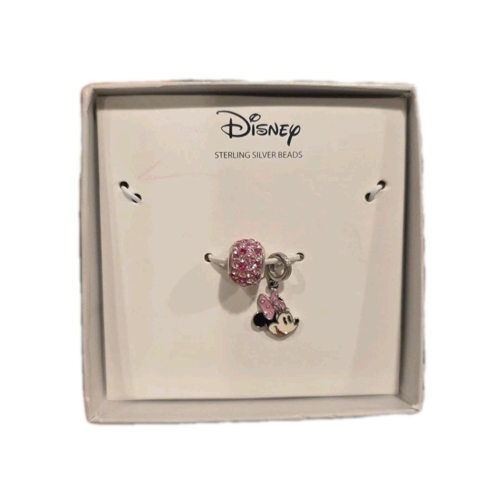 New Genuine Sterling Silver Disney Minnie‎ Mouse Charm & Necklace Set
